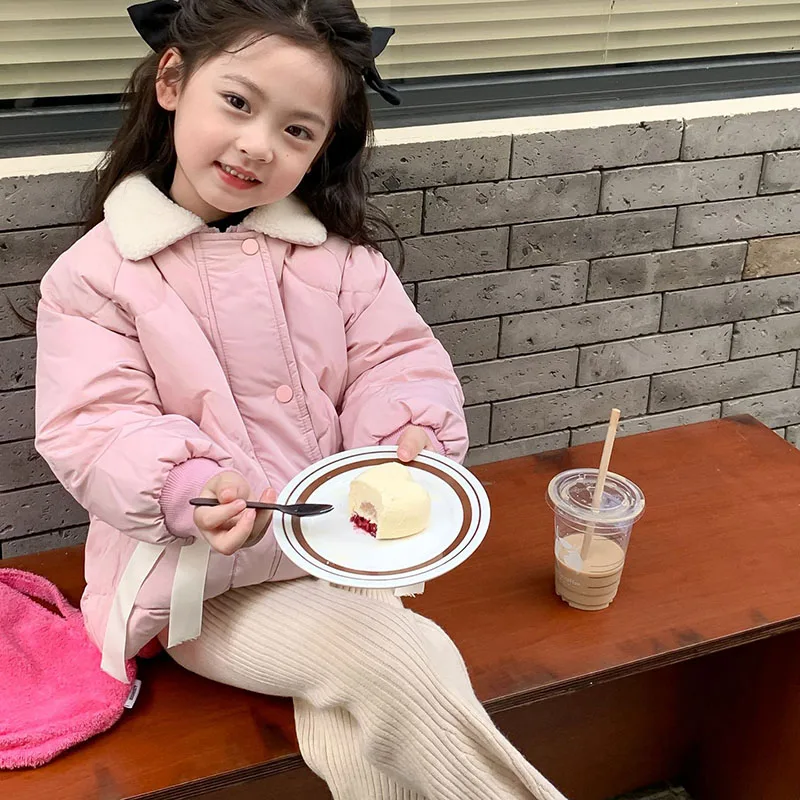 

Children's 2023 Winter New Girls' Cute Bow Pocket Pink Down Coat cute girl outerwear padded 4-83