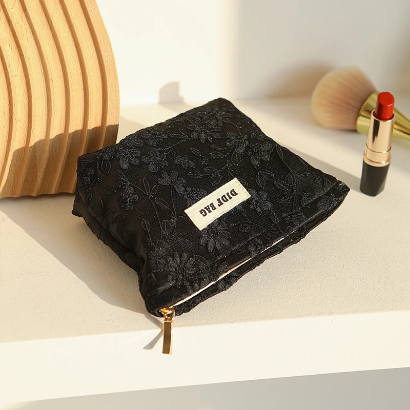 Black embroidery women's makeup bag, portable small makeup change storage bag, travel card case, key case, inner tank bag 4