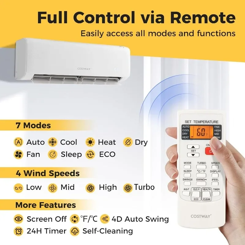 COSTWAY 12,000 BTU Mini Split Air Conditioner, with Heat Pump, Energy Star, 21 SEER2 Inverter, 24H Timer, Auto Clean 6