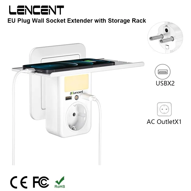 LENCENT EU Plug Wall Socket 1 AC Outlet 2USB Ports Wall Charger Adapter Rack Adjustable Nigh Light for Home/Office