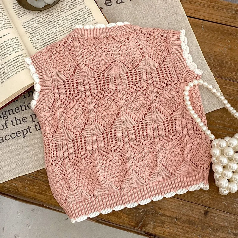 0-3Yrs Baby Girls Sleeveless Sweet Hollow Out Embroidery Vest Autumn Infant Kids Baby Girls Knitted Sweaters Cardigan Coat