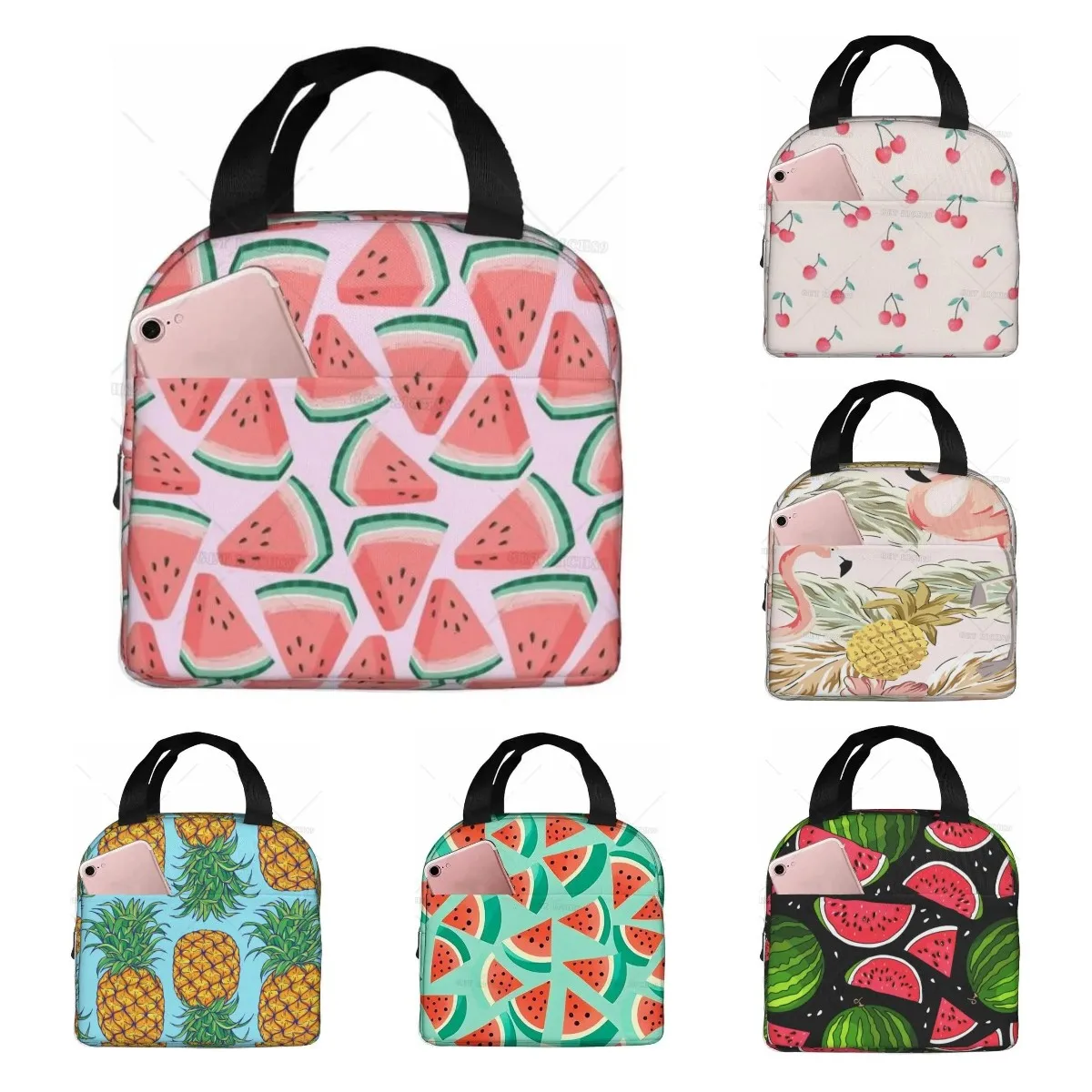 

Cartoon Watermelon Cherry and Pineapples Reusable Lunch Bag Insulated Portable Lunch Box Reusable Thermal Bento Tote Cooler Bags