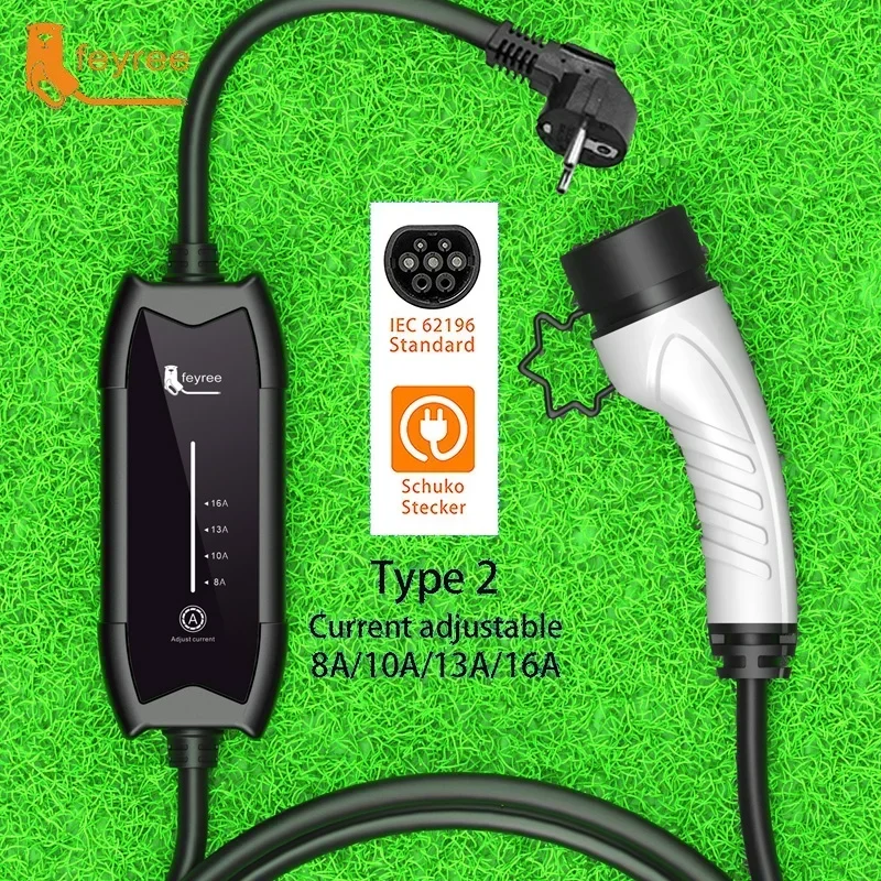 Cargador Portátil Feyree EV de 3.5kW, Conector Tipo 2, 16A, Monofásico, Cable de 5m, Corriente Ajustable para Vehículos Eléctricos