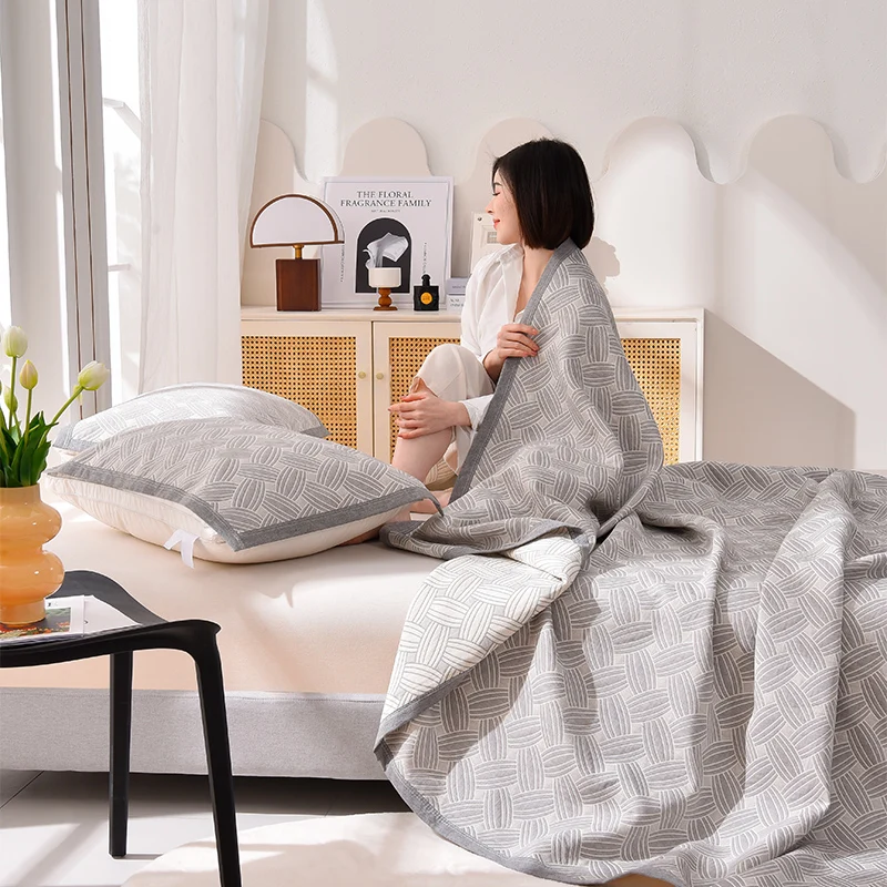 Description Picture 6 of item100% Cotton blanket summer bed linen Jacquard Bed blankets 3 layers bedspreads and coverlets stitch Plaid home bedding bed Sheet