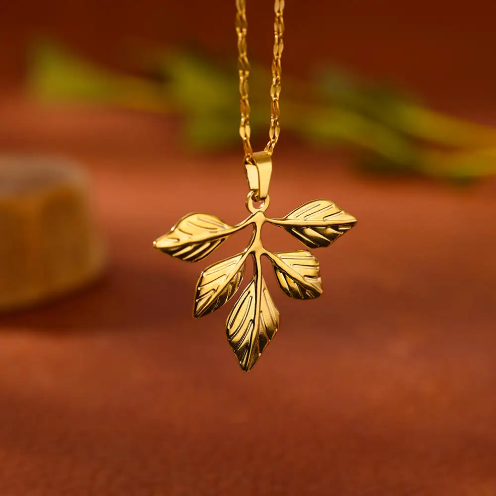 Stainless Steel Leaf Pendant Necklace for Women Gold Plated