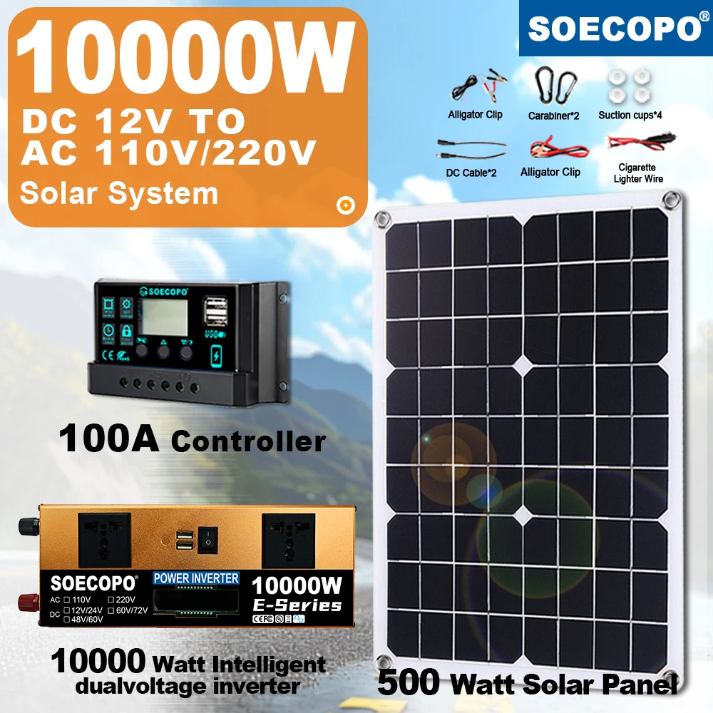 10000W ชุดเครื่องกําเนิดไฟฟ้าพลังงานแสงอาทิตย์ 500W แผง 100A Controller 12 V/24 V ถึง 110 V/220 V อินเวอร์เตอร์ DC สําหรับ Camping/ฉุกเฉิน/บ้านสํารอง 1