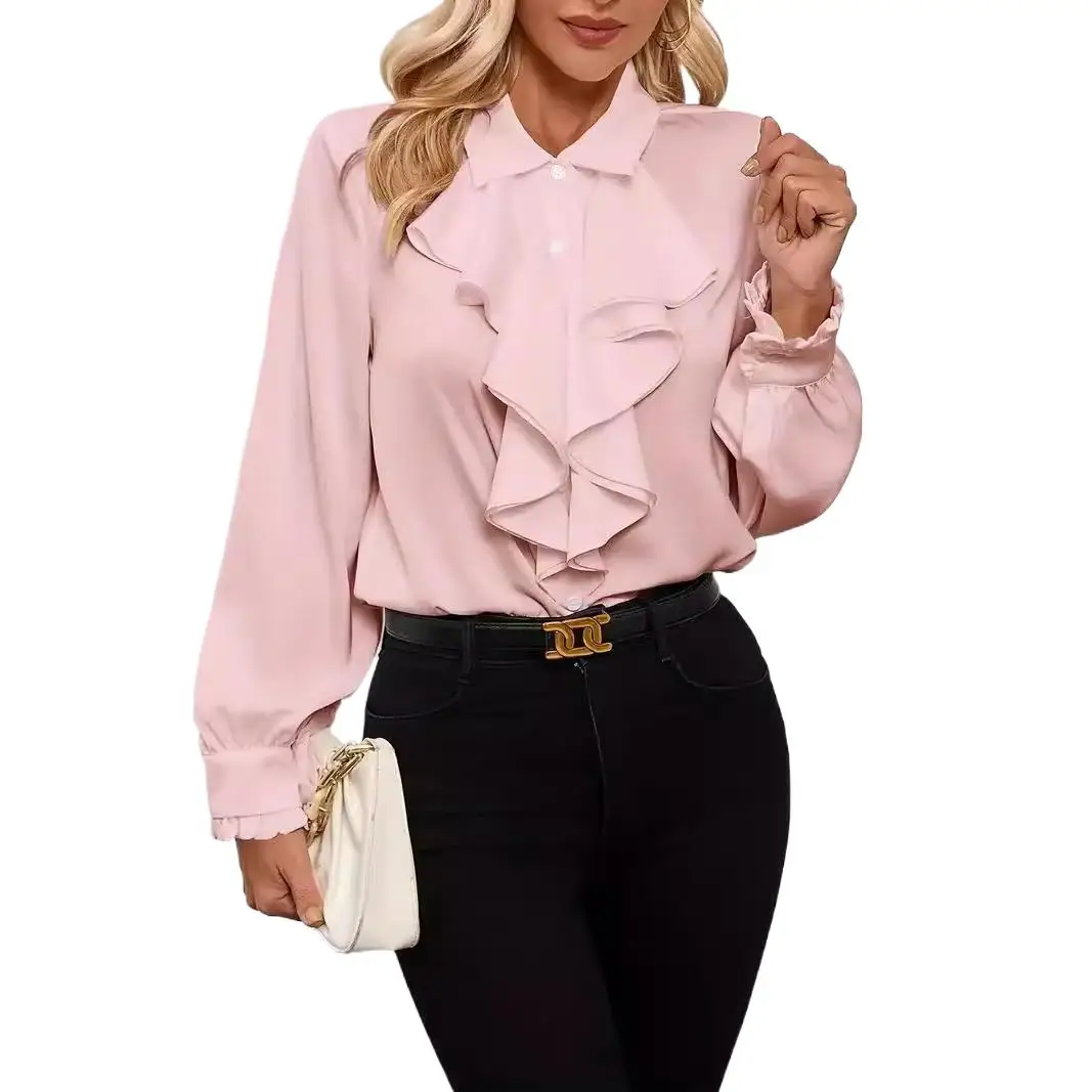White Ruffle Long Sleeve Women Workwear Blouse