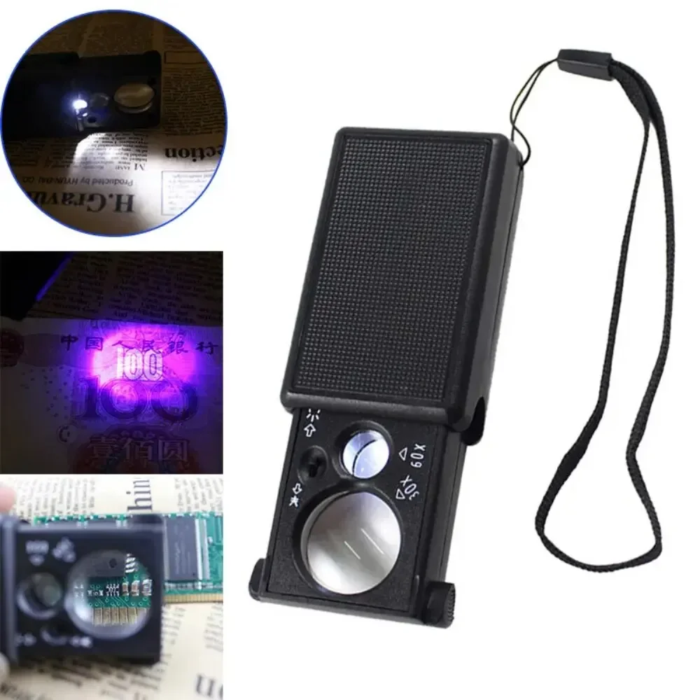 슬라이드 아웃 쥬얼리 돋보기 LED 조명 돋보기, 다이아몬드 보석 동전 스탬프용 UV 휴대용 루페 렌즈, 30X 60X