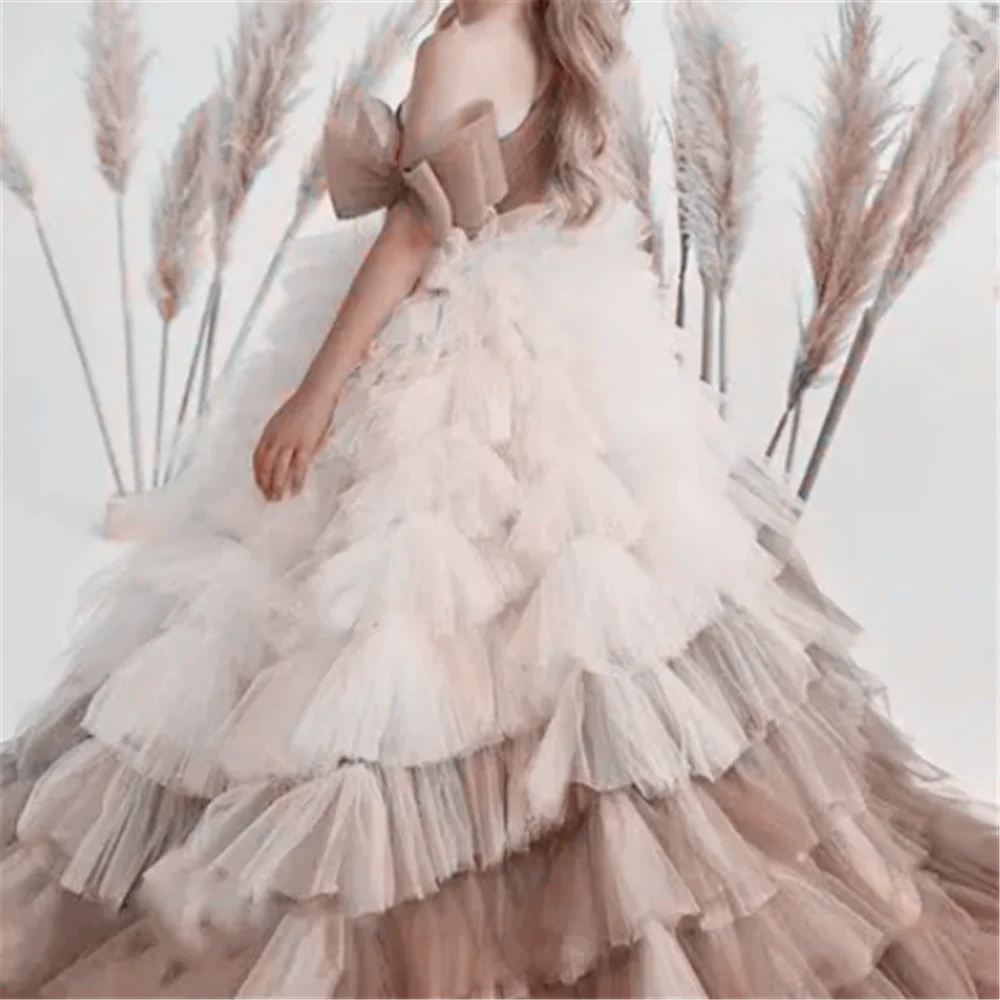 Flower Girl Dresses Floral Appliqu&eacute; Dress Girls Dresses Flower Girls Dresses Tulle Performance Ball Wedding Appliques Single Shoulder Holy Kids Birthday GIFT First Communion Gowns