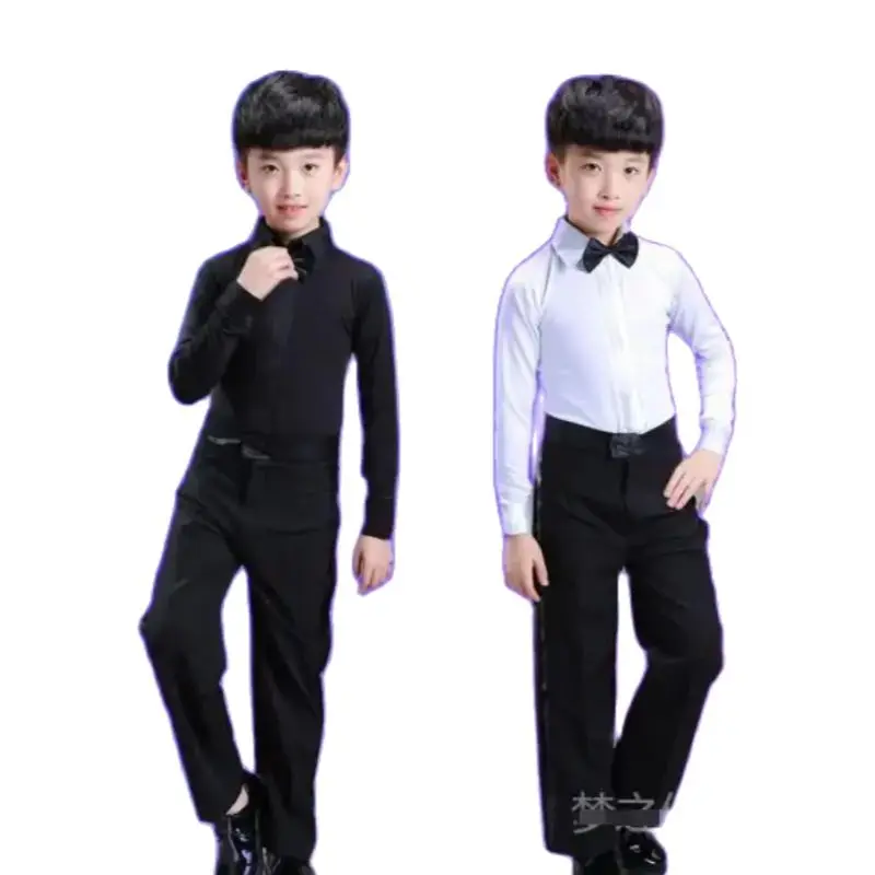 Boys Latin Dance Costume Ballroom Cha Cha Tango Stage Performance costumes Children Black White Bow top and pant 1set/lot dance dress,dance shirts,dance pants,dance bodysuit