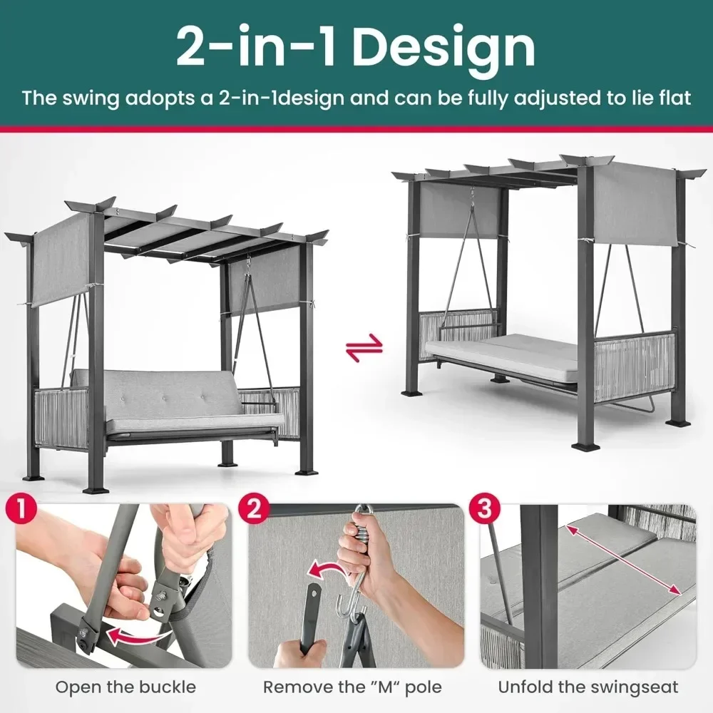 3-Seat Patio Swing Chair,Outdoor Patio Swing Bed with Adjustable Curtains,Porch Swing Bed for Balconies, Gardens and Poolside 3