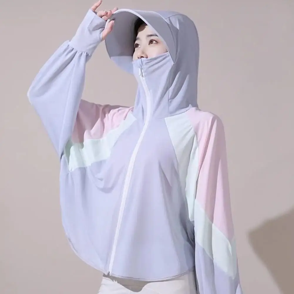Women Sun Protective Clothing Summer Outdoor Breathable UV Protective Contrast Color Hooded Jacket For Hiking Camping Scooter