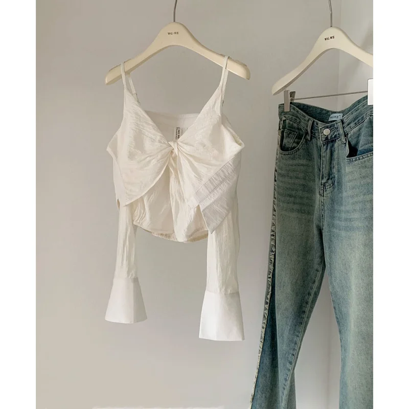 

Off-shoulder Shirt Solid Color Coat 2023 Summer Fashion Design Long-sleeved Camisole Short Shirt Korean Version Strap Blouses