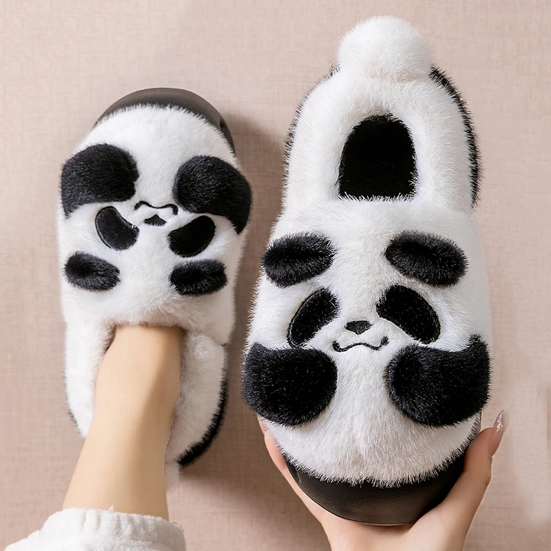 Lovely Fluffy Panda Slippers Women Indoor Thick Sole Warm Winter Cotton Shoes Woman Comfortable Non Slip Plush Slipeprs Female