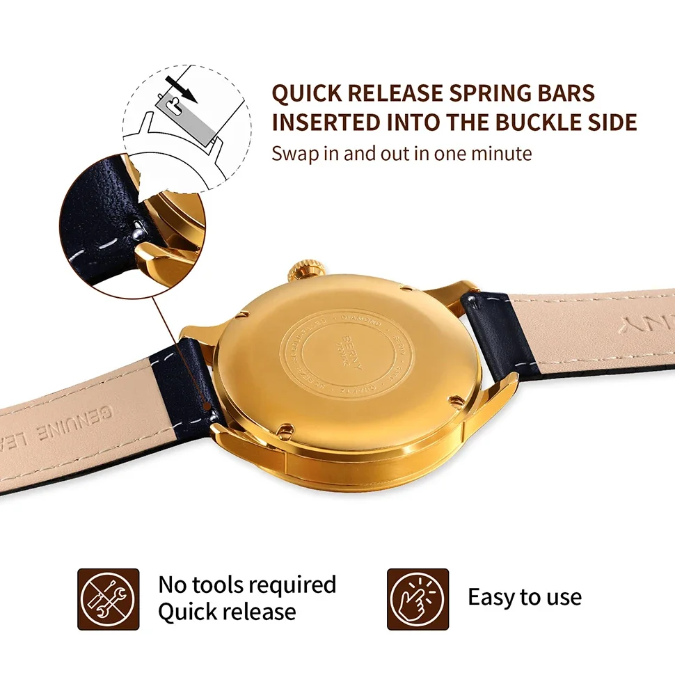 BERNY 100% Genuine Leather Watch Strap Watchbands 14/16/18/20/22mm Pin grain Hygroscopic and Breathable High Quality Watchbands