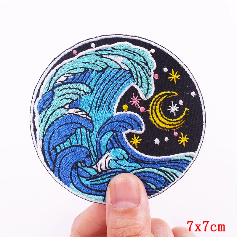 Sun Moon Wave Van Gogh Aufnäher für Kleidung, Ozean-Delfin, niedlicher Glücksfisch, zum Aufbügeln, Outdoor-Stickerei-Aufnäher auf Kleidung – Detail 22
