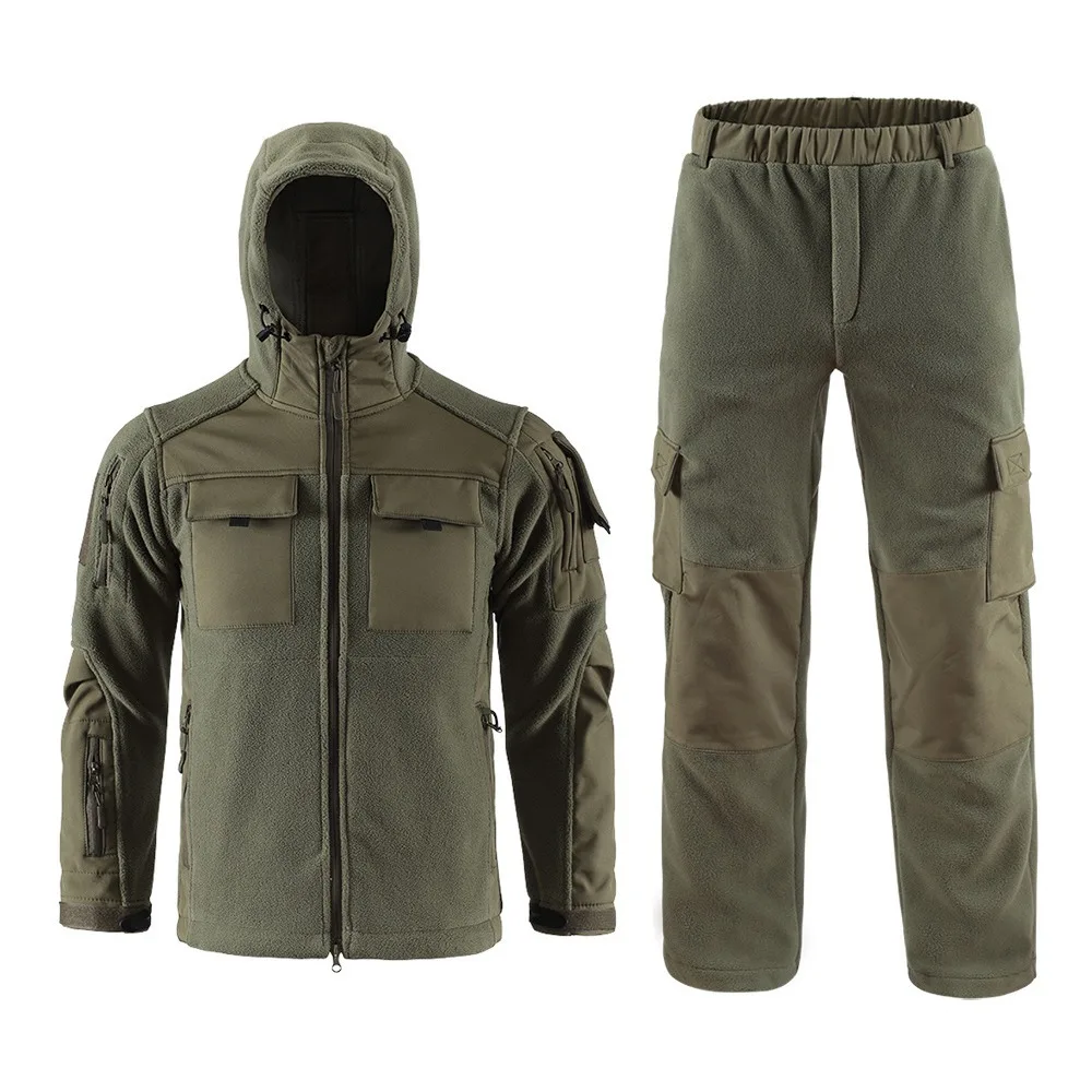 Giacca tattica in pile Set da uomo Outdoor Camo Sistema a 3 strati Tuta sportiva in pile invernale calda militare con cappuccio a metà strato - immagine 2