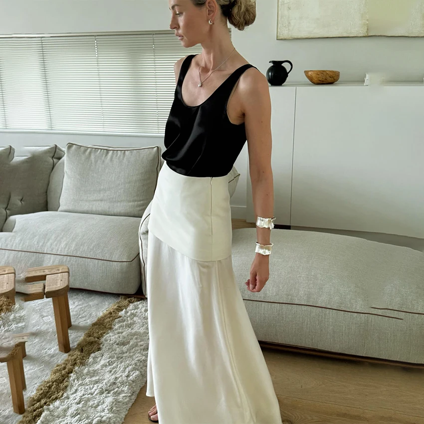 Linad Elegant Satin White Long Skirts For Woman Office Folds A Line Skirts Summer Casual Solid Ankle Length Skirt 2025 Spring