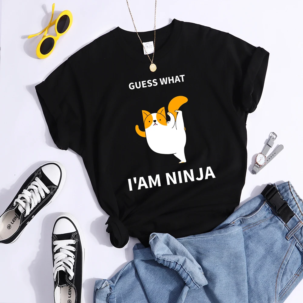 Guess What I Am Ninja Kawaii Cat Tshirts Women'S Street Cool T-Shirts Personality Hip Hop Clothes Sport Casual Crop Top Female