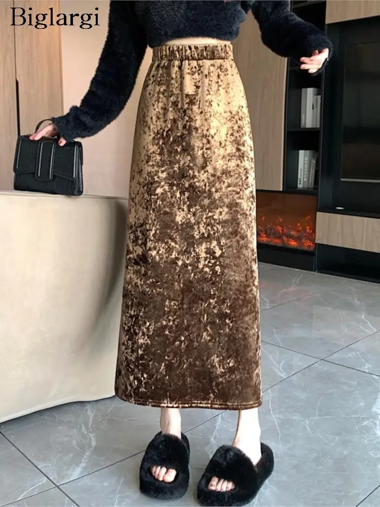

Velvet Autumn Winter Long Skirts Women Elastic High Waist Fashion Korean Style Casual Loose Ladies Skirts Pleated Woman Skirts