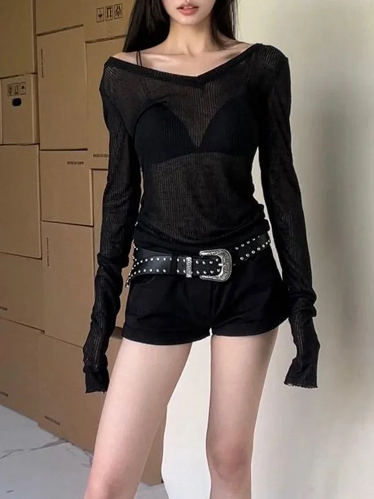 Women Long Sleeve T Shirt Thin Perspective Summer Solid Slim Casual Shirts Female Pullovers Basic Tee Y2k Clothes Streetwear Top