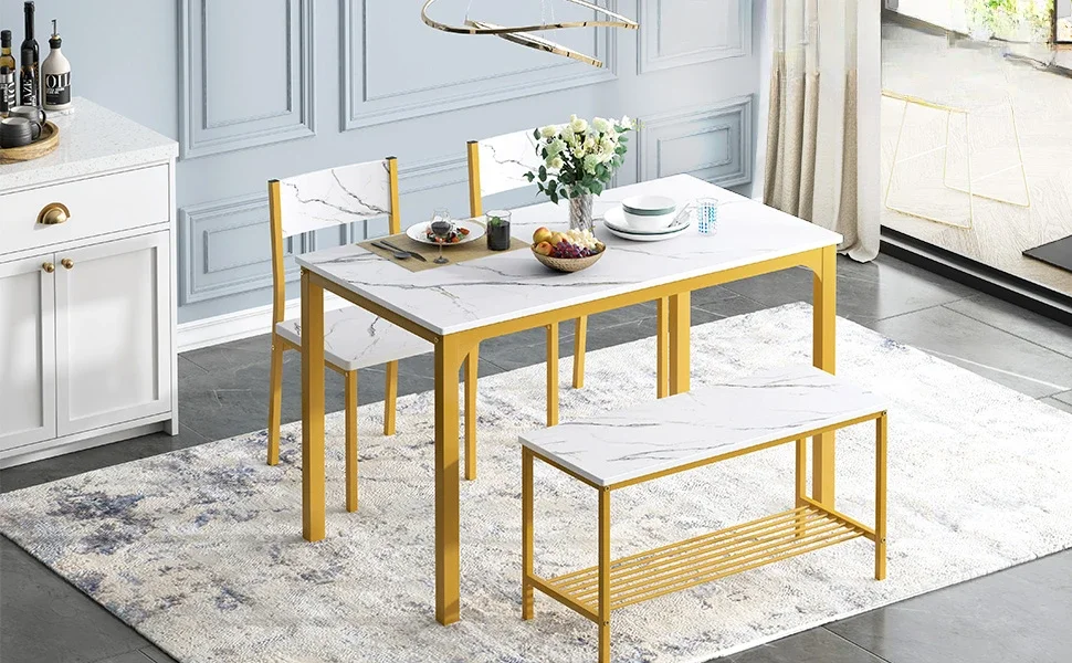 Description Picture 2 of item4-person Dining Table Set, 43.3-inch Kitchen Dining Table Set, 2-person Bench Dining Room Set with Storage Rack