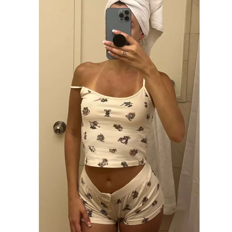 

y2k Pajamas 2000s Women Nightwear Graphic Animal Print Spaghetti Strap Sleeveless Camisole with Shorts Sleepwear Loungewear