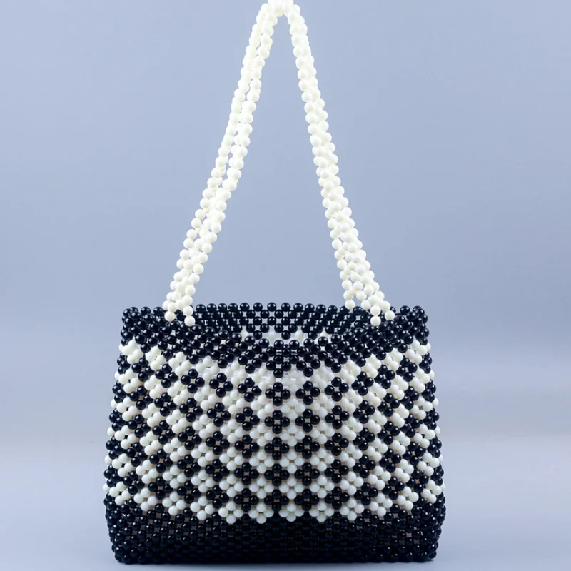 

Black White Contrast Four-leaf Clover Diy Hand Woven Beaded Bag Fashion Retro Casual Stripe Women's Shoulder Bags New Handbag