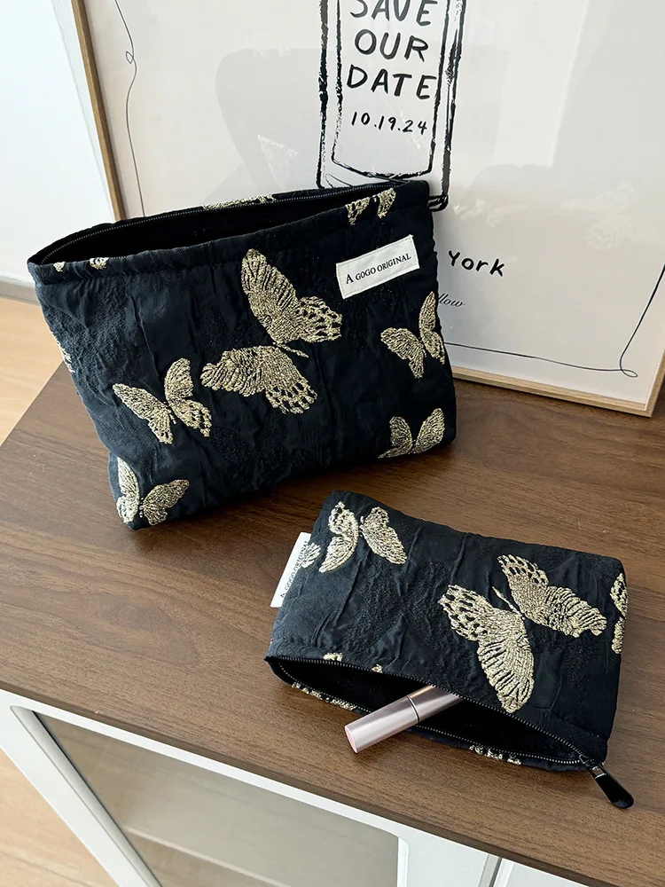 Golden Butterfly Makeup Bag, Fabric Skincare Storage Bag, Small Square Bag, Handbag, Canvas Washbag, Women's Bag 5