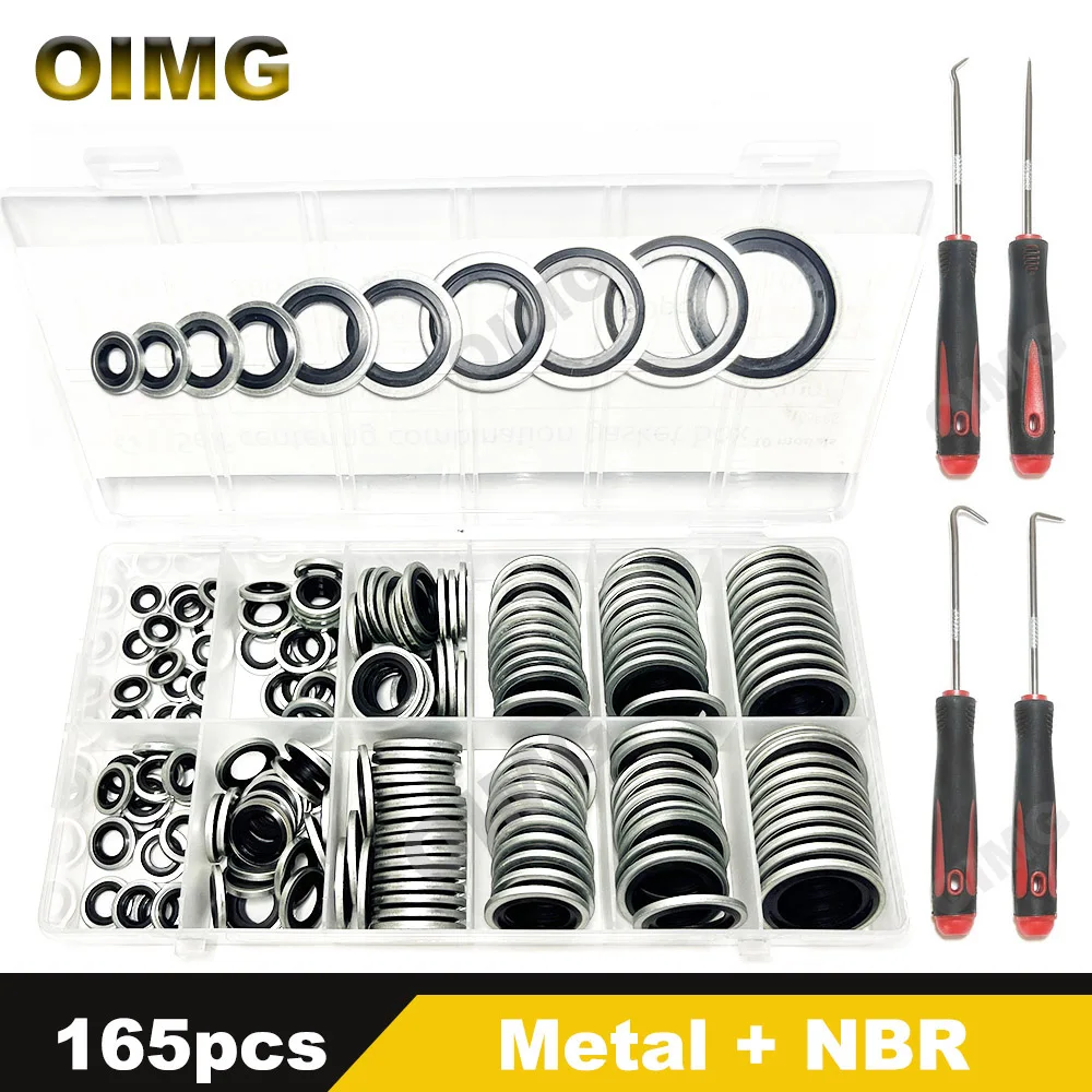 165PCS Self-Centered Bonded Seal Gasket NBR Zinc-Plated Steel Bonded Sealing Washers for Automotive Bearings Pumps O-Ring Kit