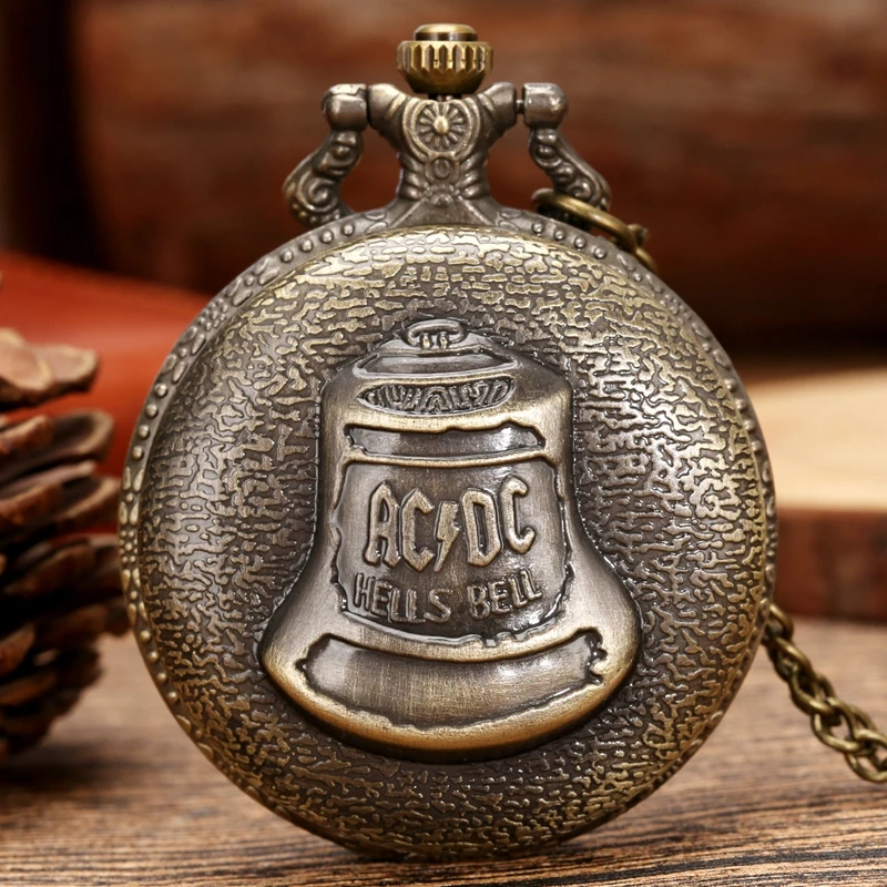 Pocket Watch Bronze Pocketwatch Vintage ACDC Hells Bell Theme Quartz Pocket Watch Necklace Pendant For Men Children Gifts