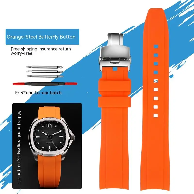 Curved Waterproof Silicone Watch Strap - Men's Soft 22mm Rubber Band Bracelet