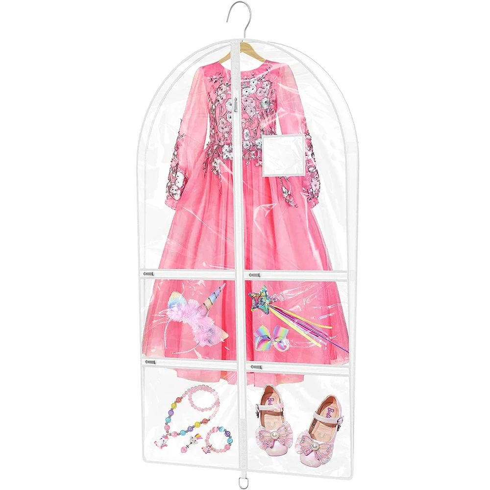 PVC 방수 투명 어린이 걸이식 댄스 원피스 가방, 주머니가 달린 댄스 대회용..