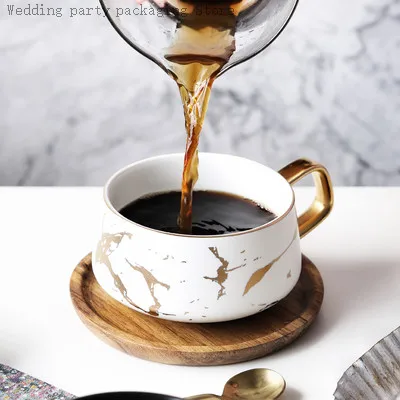 

Nordic ins style ceramic cup coffee cup mug teacup light luxury gold-painted marble pattern cup and saucer wooden cover set