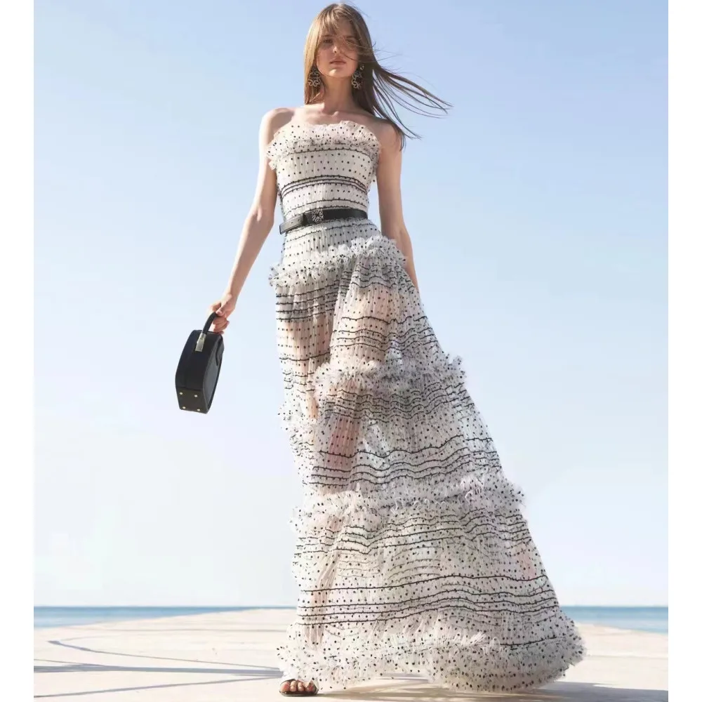 

2022 New Style Luxury Polk Dot Fairy Dress Women Strapless Ruffles High Waist Sashes Maxi Long Celebrity Evening Party Dresses