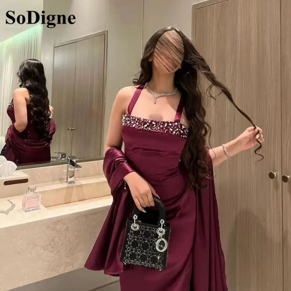 

SoDigne Purple Evening Dresses Satin Beads Prom Dresses Elegant Halter Long Prom Gowns Formal Occasion Party Dress Women Arabric