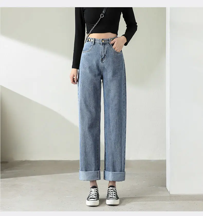 High Waist Jeans Women Metal Jeans Buttons Y2k Trousers for Girls Pants Women's Jeans High Waist Long Metal Buttons Loose Traf jeans pant