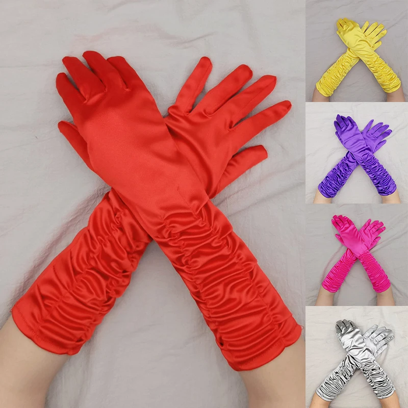 

Smooth Wrinkle Satin Long Gloves Sunscreen Driving Gloves Solid Color Full Fingers Mittens Cosplay Sexy Wedding Party Gloves