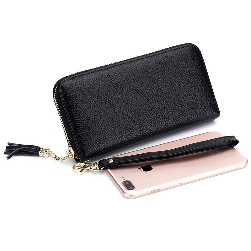 Genuine Leather Women Solid Long Wallets Ladies Tassel Design Clutch Female Phone Money Bag Coin Zipper Purse Rfid Card Holder 4