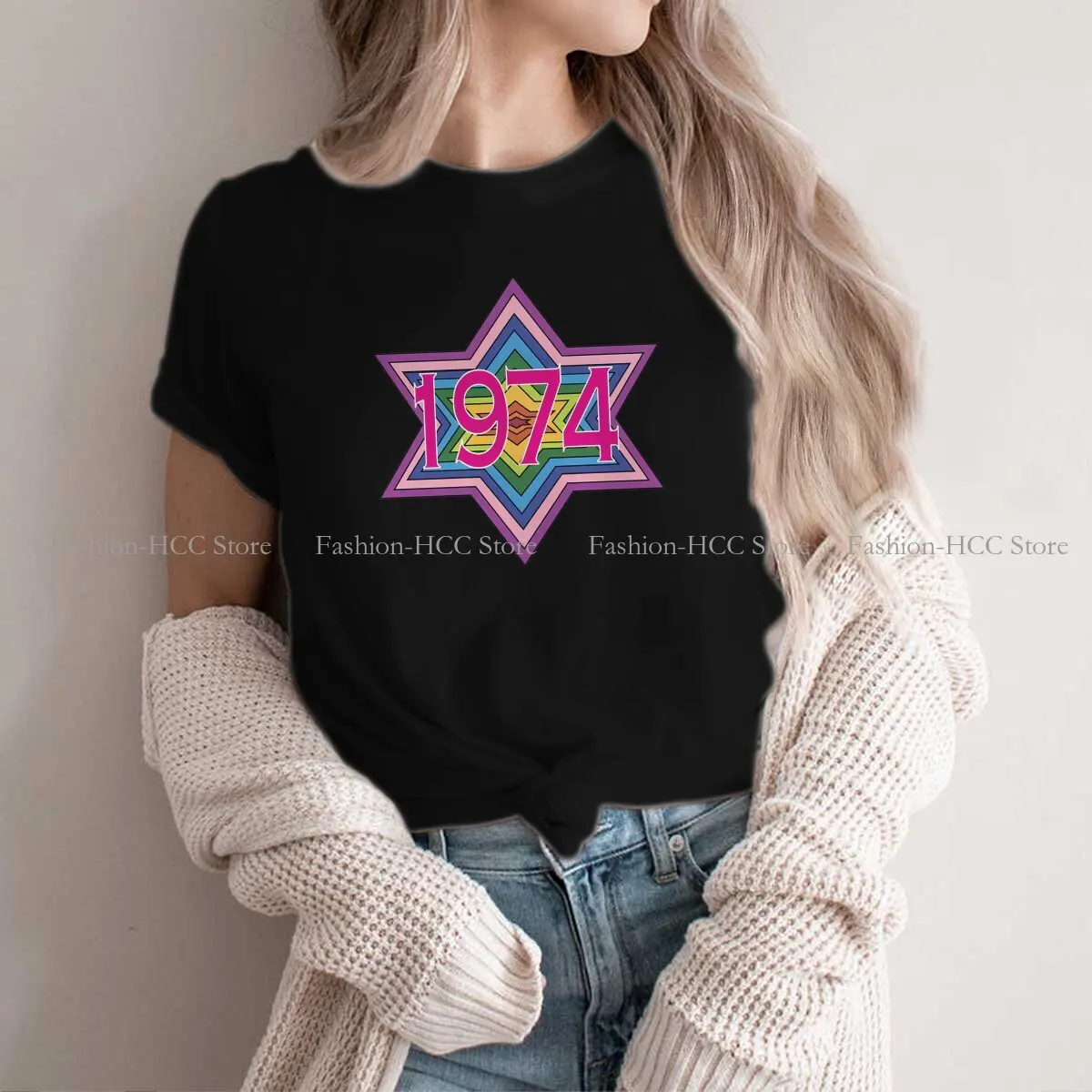 

Colorful Star Print O Neck TShirt Born In 1974 Birthday Original Polyester T Shirt Women Tops Individuality