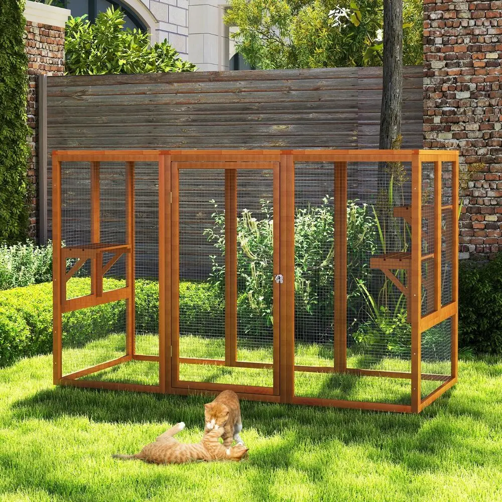 Cat Catio Outdoor Cat House Wood with Platforms Lockable Enter Door Orange