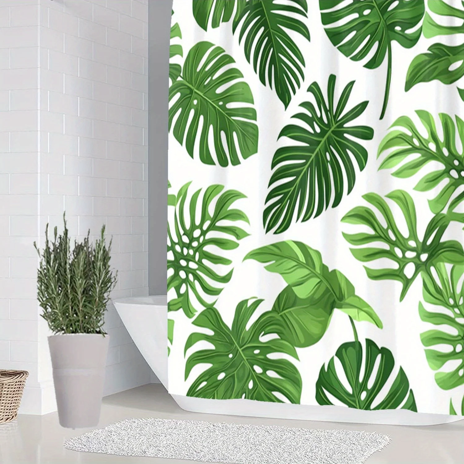 4pcs 녹색 식물, 잎, 후크가있는 열대 패턴 샤워 커튼, 욕실 분배기 커튼, 욕..