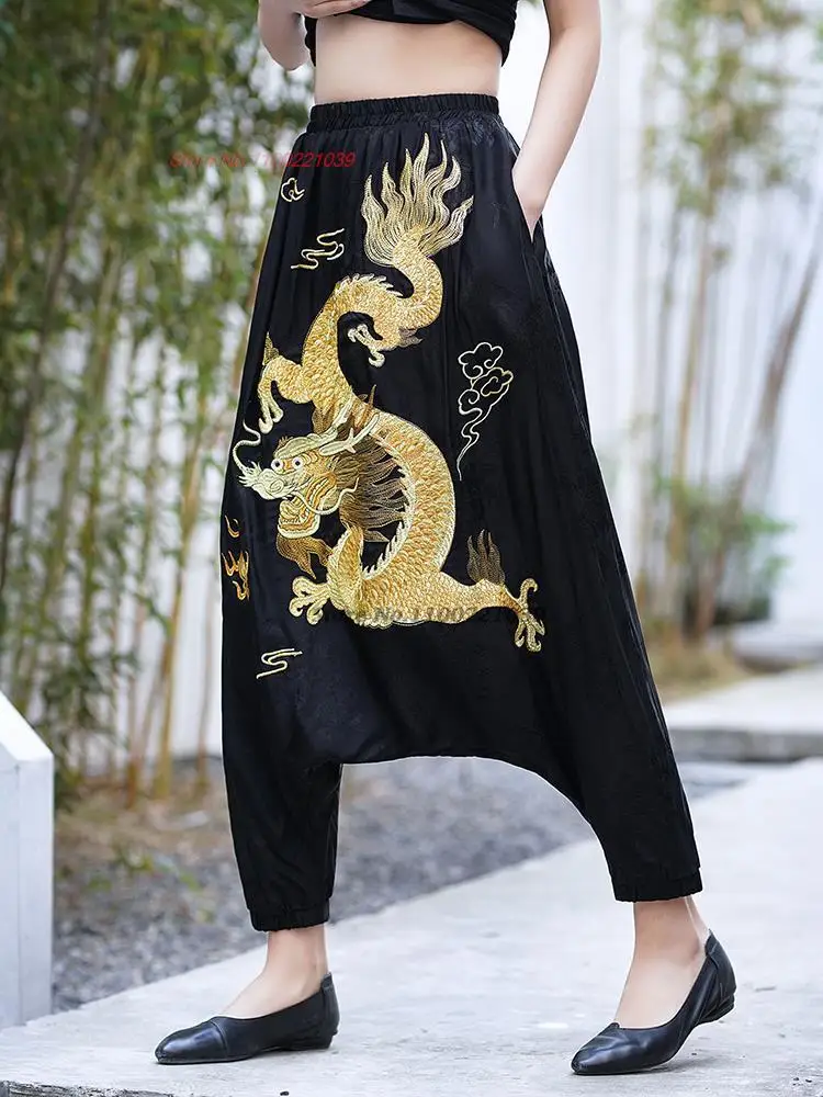 

2024 chinese dragon embroidery satin jacquard bloomers pants traditional ethnic vintage harajuku harem pants retro baggy pants