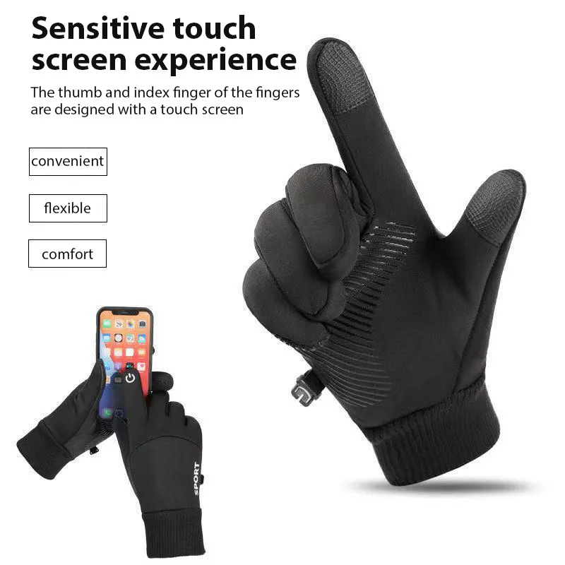 Black Winter Full Fingers Thermal Gloves Lining Windproof and Waterproof Cycling Gloves Motorcycle Ski Touch Screen Fleece Glove