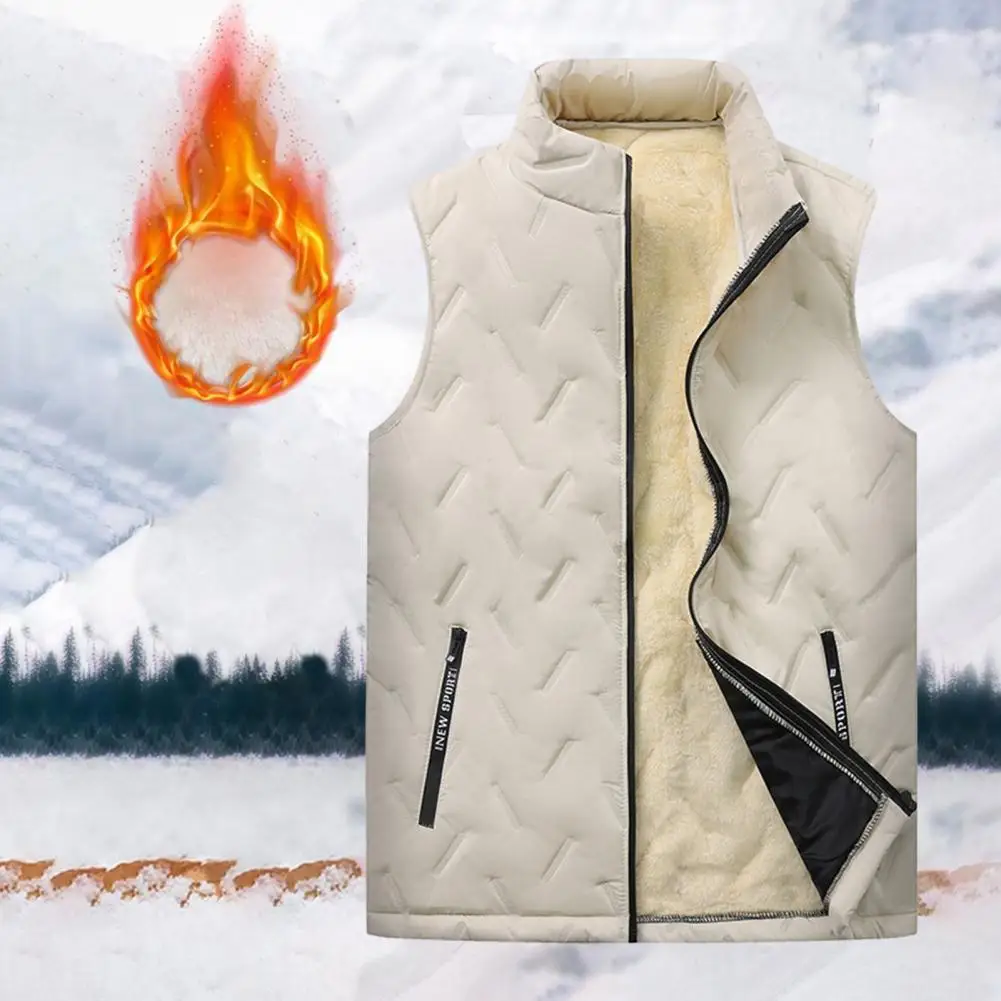 Winter Thickened Vest Premium Men's Winter Vest Thick Padded Plush Stand Collar Windproof Zipper Closure Ultimate Warmth Neck