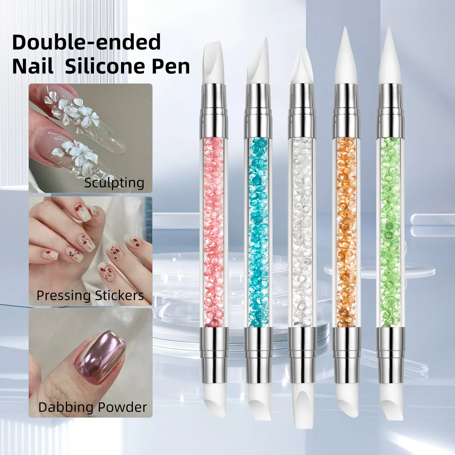 Nail Art Pen 5PCS Double Head Silicone Nail Art Embossing Pens 3D Flower Sculpting Tools with Adjustable Tips for Chrome Powder Application
