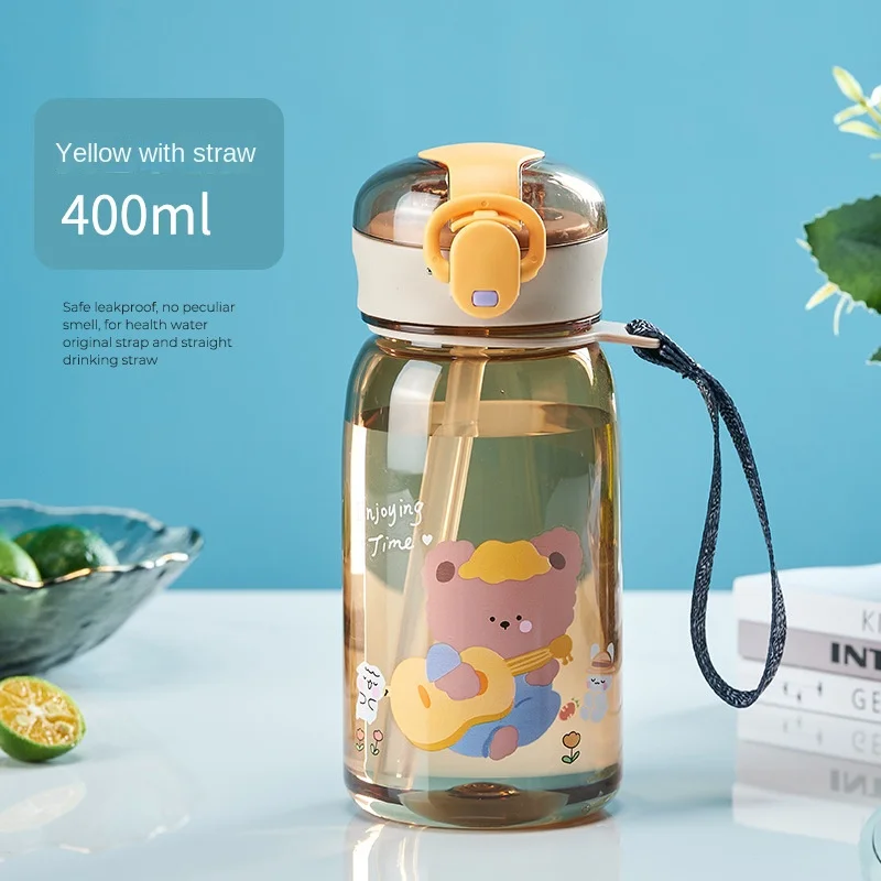 Botella de agua con pajita para niños, recipiente bonito de dibujos  animados, sin BPA, a prueba de fugas, portátil, para exteriores, 400ml -  AliExpress