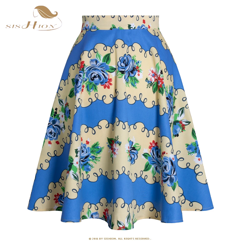 

SISHION Cotton Floral Print 50s 60s Vintage A Line Skirt VD0020 Swing Pretty Knee Length Women Summer Casual Skirts