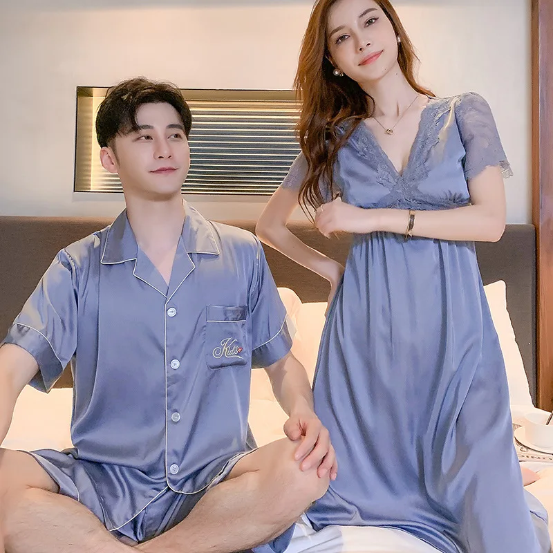 Summer Ice Silk Couples Sleepwear Women's Sexy Lace Nightdress Men's Short Pajamas V Neck Female Nightgown Male Loungewear 2023