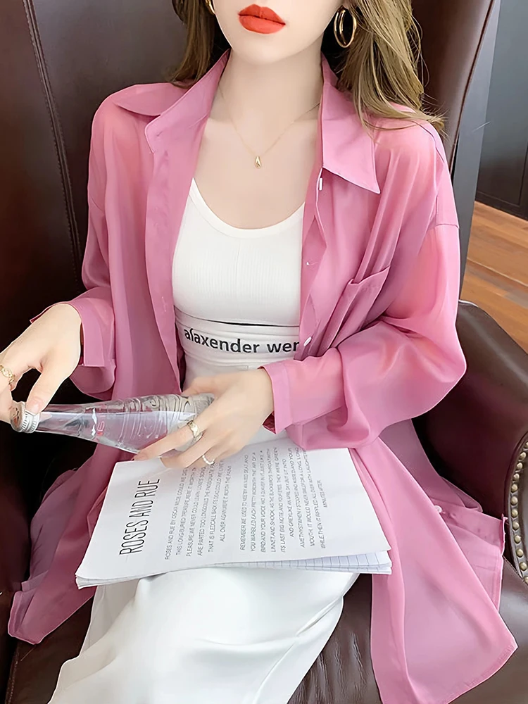 

2023 Summer New Womens Thin Shirts Solid Chiffon Long Sleeve Sun Protection Loose Shirt Female Korean Fashion Holiday Beach Tops